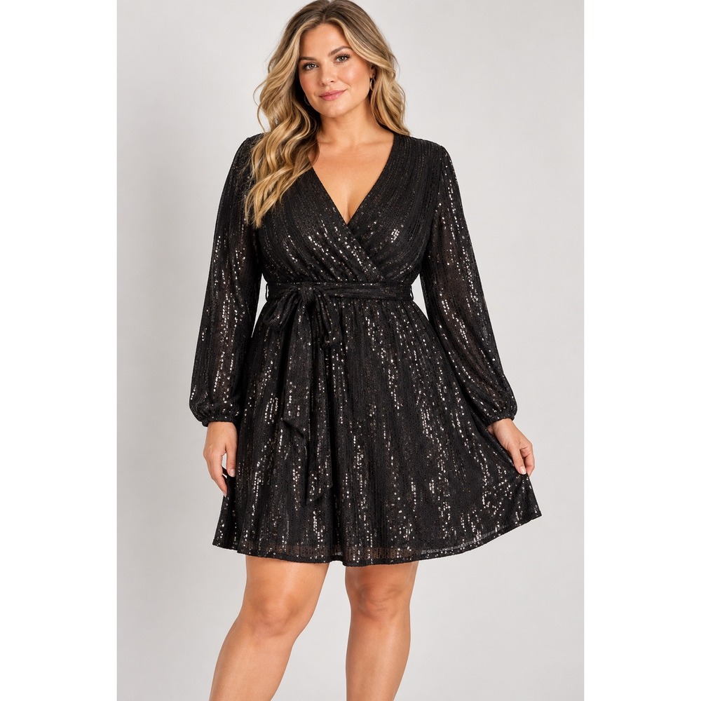 Cara Santana x Nine West Black Sequin Wrap Mini Holiday Chic Formal Dress XL